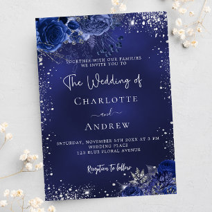 Cartão Postal De Convite Casamento de flores prateadas em azul marinho por
