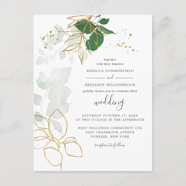 Cartão Postal De Convite Casamento de Folhagem Dourada Elegante Eucalyptus  (Frente)