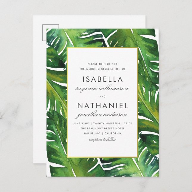 Cartão Postal De Convite Casamento de Folhas Tropicais Verdes Modernas (Frente/Verso)