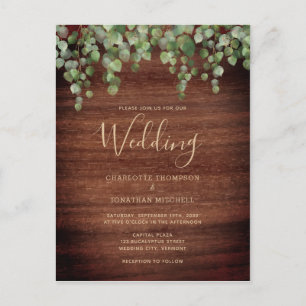 Cartão Postal De Convite Casamento de Foliage de Madeira Rústica Eucalyptus