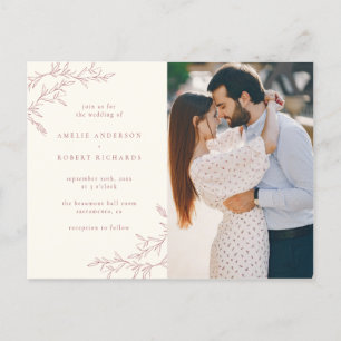 Cartão Postal De Convite Casamento de Foto Simples de Creme e Folhagem Verm