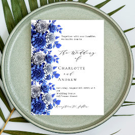 Cartão Postal De Convite Casamento de guião azul-branco para flores