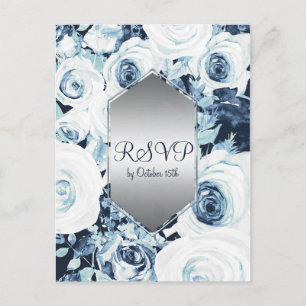 Cartão Postal De Convite Casamento de Inverno Azul Branco Prata Elegante RS