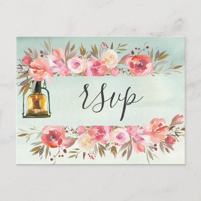 Cartão Postal De Convite Casamento de Lanternas Florais Rustic Green Waterc (Frente)