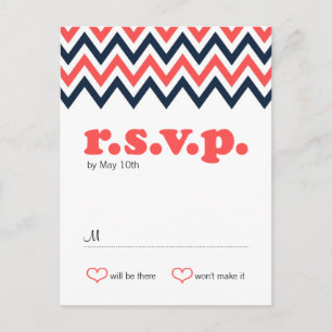 Cartão Postal De Convite Casamento de Marinho e Coral Chevron & Lovebird