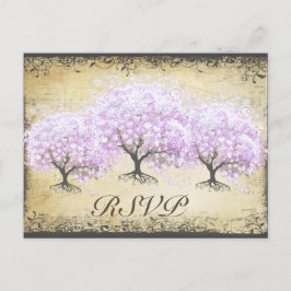 Cartão Postal De Convite Casamento de Pássaro Vintage Árvore de Lavanda Fol