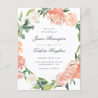 Cartão Postal De Convite Casamento de Peonies e Eucalyptus Wreath Watercolo