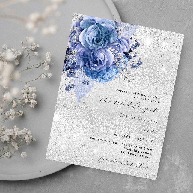 Cartão Postal De Convite Casamento de prata azul floral (Criador carregado)