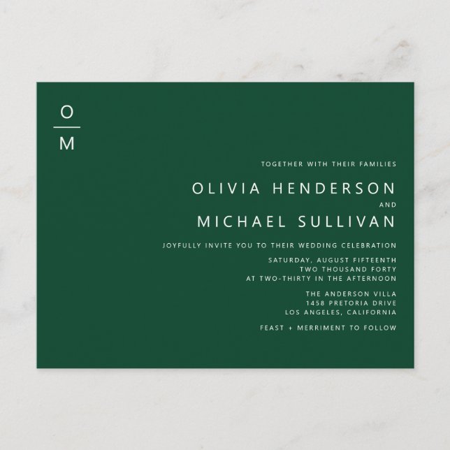 Cartão Postal De Convite Casamento do Código QR do Monograma Emerald Minima (Frente)