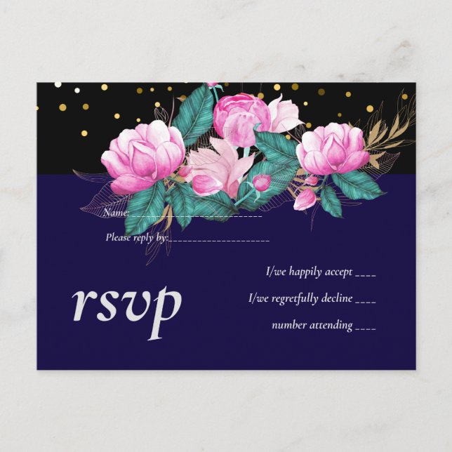 Cartão Postal De Convite Casamento Dourado bonito Rosa Rosa Rosa (Frente)