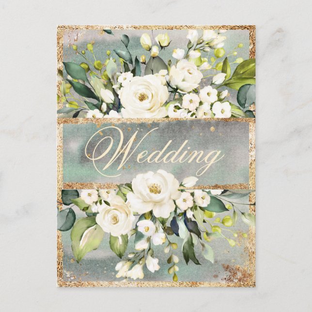 Cartão Postal De Convite Casamento Dourado Botânico Branco Floral (Frente)