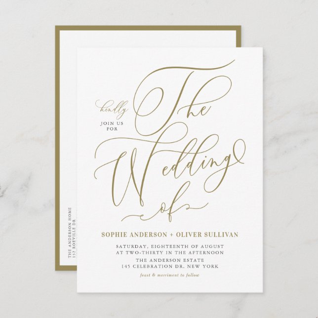 Cartão Postal De Convite Casamento Dourado com Caligrafia Whimsical (Frente/Verso)