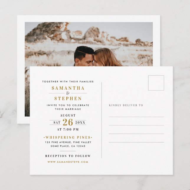 Cartão Postal De Convite Casamento Dourado de Fotografias com Champanhe Mod (Frente/Verso)
