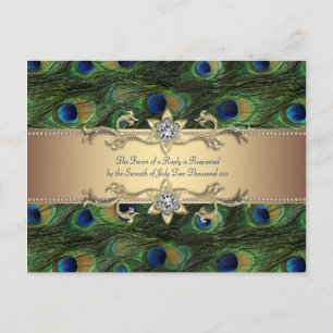 Cartão Postal De Convite Casamento Dourado Real de Peacock Indiano Emerald 