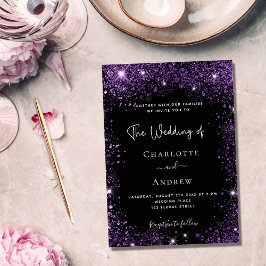 Cartão Postal De Convite Casamento elegante com brilho roxo preto