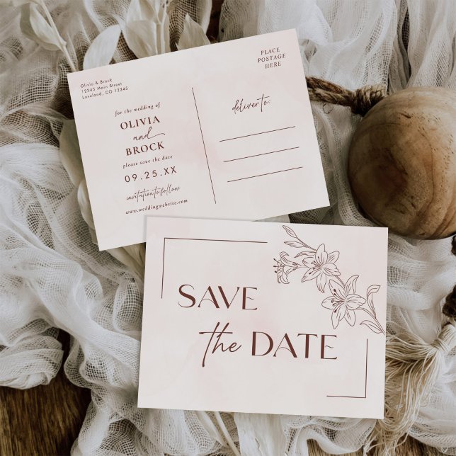 Cartão Postal De Convite Casamento Elegante de Desenho Floral Moderno Minim (Criador carregado)