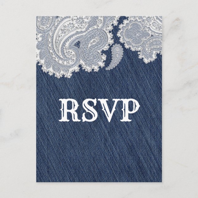 Cartão Postal De Convite Casamento Elegante de Jeans e Renda Branca RSVP (Frente)