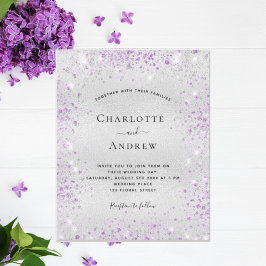 Cartão Postal De Convite Casamento elegante de metal com brilho roxo pratea
