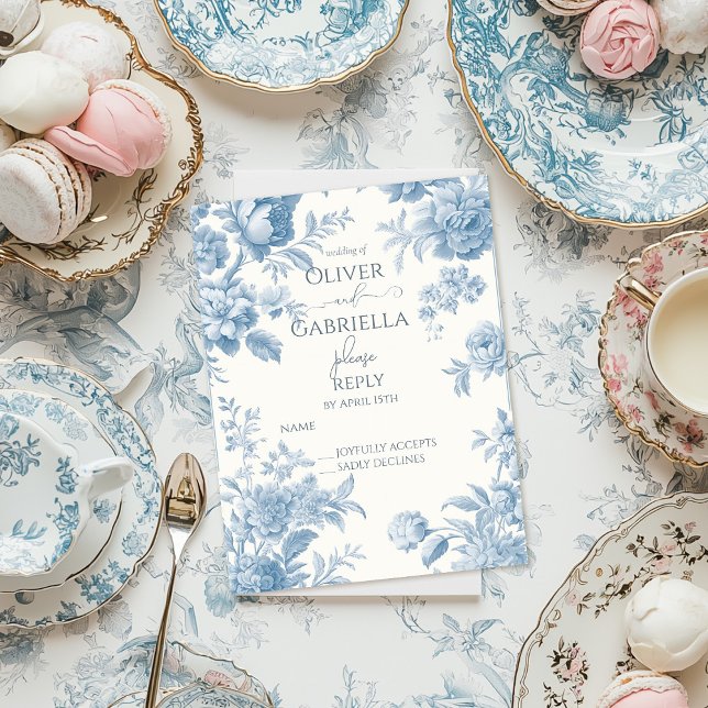 Cartão Postal De Convite Casamento Floral Azul-Azul, Toile Francesa Elegant (Criador carregado)