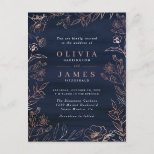 Cartão Postal De Convite Casamento Floral Azul Marinho em Aquarela e Rosa D