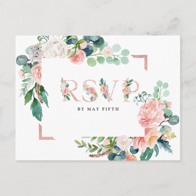 Cartão Postal De Convite Casamento Floral Blushing RSVP w/Meal (Frente)