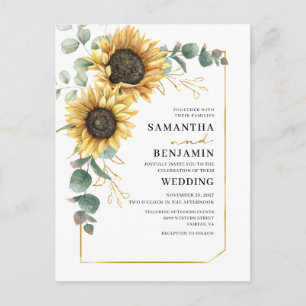 Cartão Postal De Convite Casamento Floral de Girassol Eucalipto