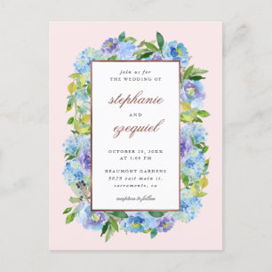 Cartão Postal De Convite Casamento Floral de Hydrangeas Azuis Elegante