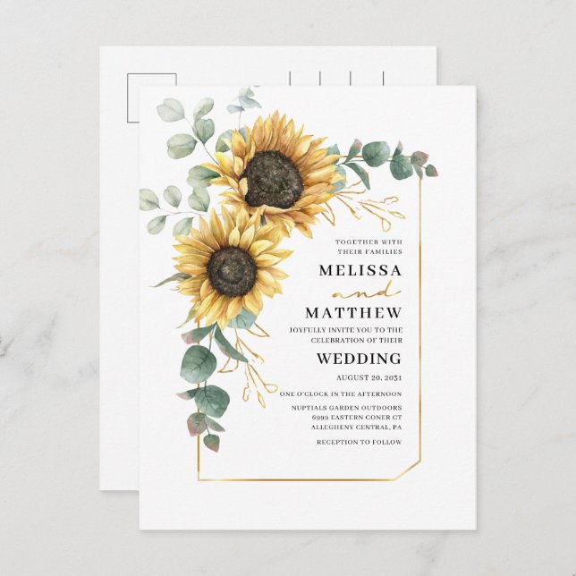 Cartão Postal De Convite Casamento Floral de Sunflower Eucalyptus (Frente/Verso)