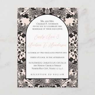 Cartão Postal De Convite Casamento Floral de Vintage Rosa-Esbranquiçada