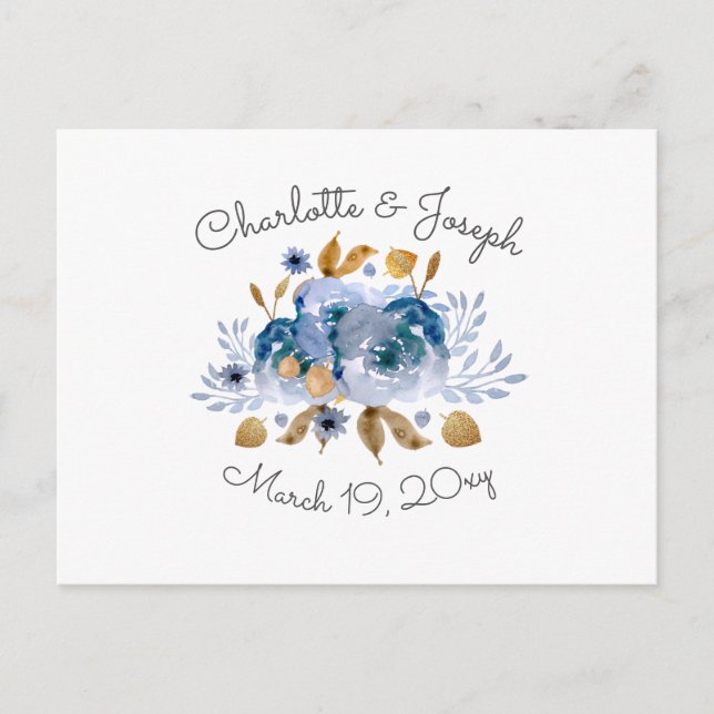 Cartão Postal De Convite Casamento Floral Dourado Azul (Frente)