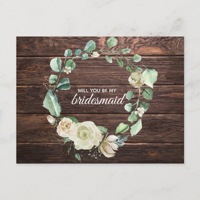 Cartão Postal De Convite Casamento Floral em Aquarela com Rosa Branca Rústi (Frente)