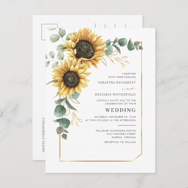 Cartão Postal De Convite Casamento Floral Eucalyptus Geométrico de Girassol (Frente/Verso)