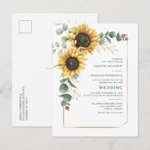 Cartão Postal De Convite Casamento Floral Geométrico de Girassol Eucalipto