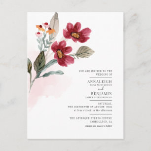 Cartão Postal De Convite Casamento Floral Minimalista de Watercolor Burgund