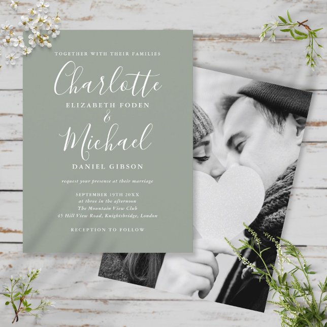 Cartão Postal De Convite Casamento Fotográfico de Script de Assinatura Verd (Criador carregado)