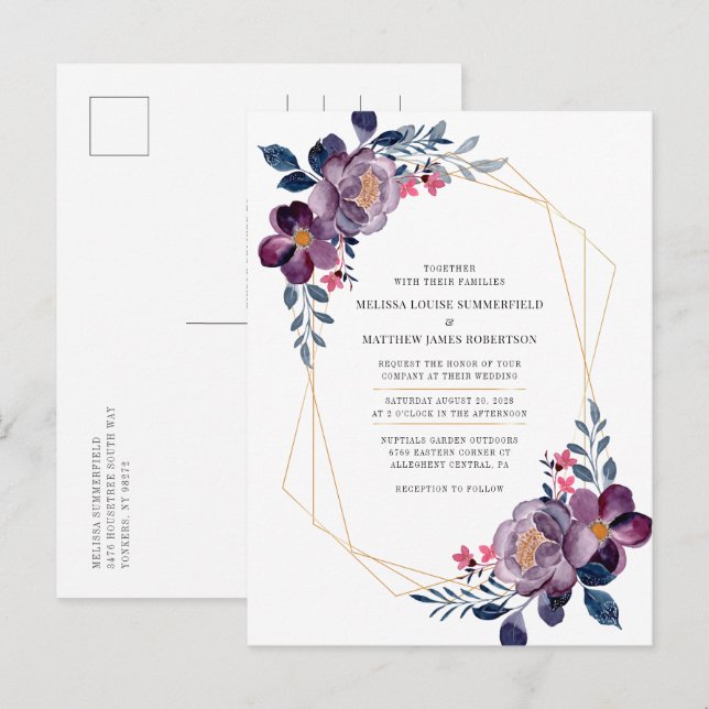 Cartão Postal De Convite Casamento Geométrico Botânico Púrpura Floral (Frente/Verso)
