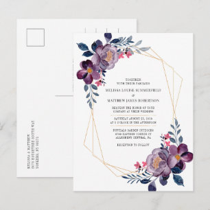 Cartão Postal De Convite Casamento Geométrico Botânico Púrpura Floral