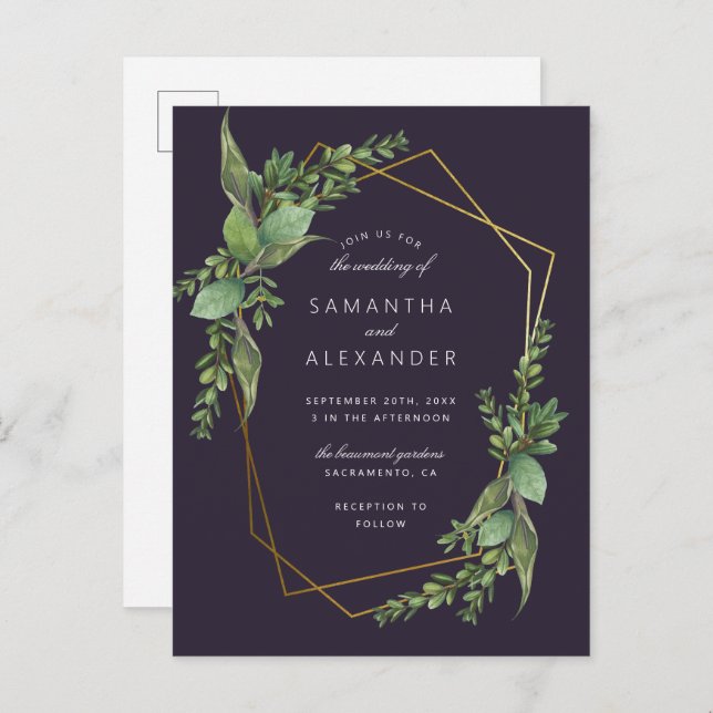 Cartão Postal De Convite Casamento Geométrico Dourado e Púrpura Verde Botân (Frente/Verso)