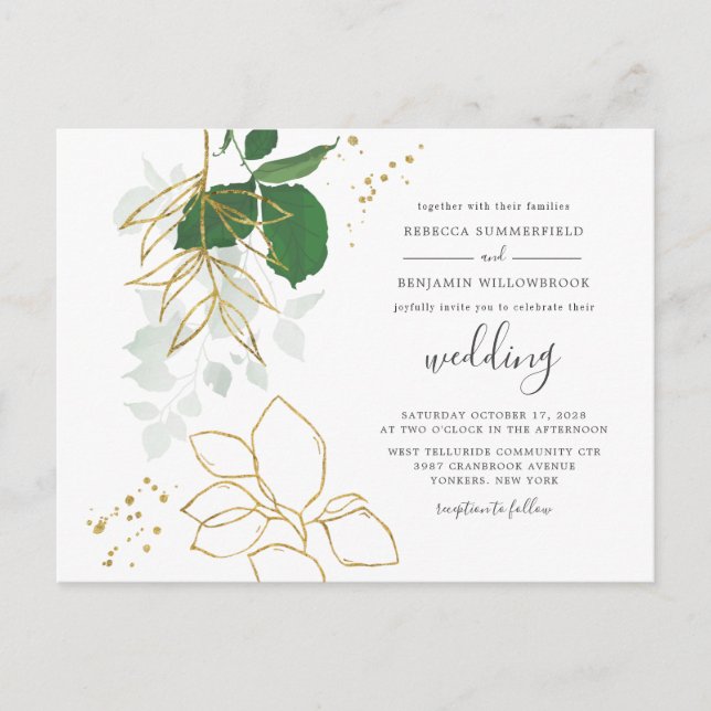 Cartão Postal De Convite Casamento Geométrico Eucalyptus Greenery Dourado F (Frente)