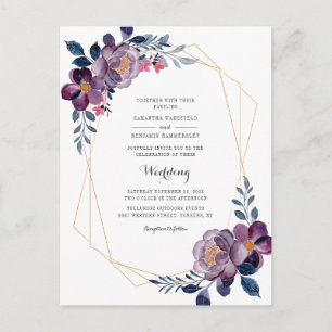 Cartão Postal De Convite Casamento Geométrico Roxo em Letra Floral