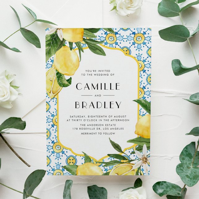 Cartão Postal De Convite Casamento mediterrânico entre o Azulejo e os limõe (Watercolor Moroccan Tile and Lemon Design Mediterranean Wedding Invitation Postcard)