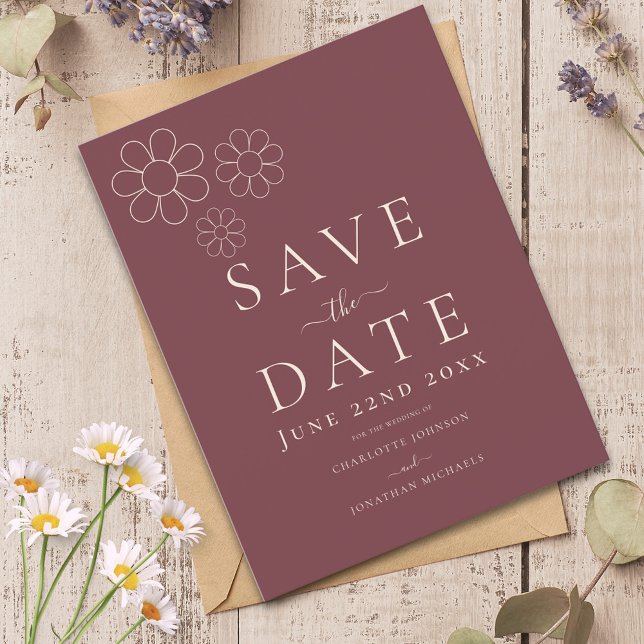 Cartão Postal De Convite Casamento Mínimo Moderno de Burgundy Daisy (Minimalist daisy wedding save the date burgundy invitation)