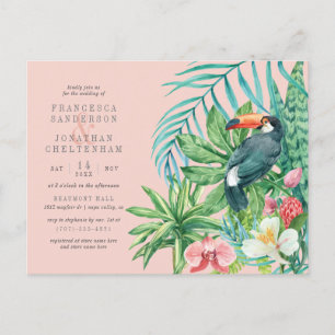 Cartão Postal De Convite Casamento Moderno de Folhas Rosa Esbranquiçadas e 