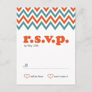 Cartão Postal De Convite Casamento Moderno de Teal & Orange Chevron & Loveb
