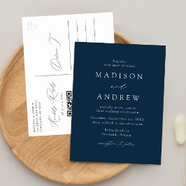Cartão Postal De Convite Casamento Moderno Elegante Código QR Azul Marinho