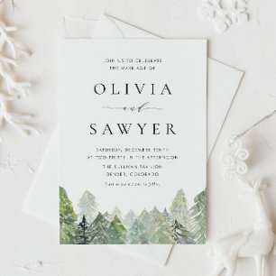 Cartão Postal De Convite Casamento no inverno de Floresta Evergreen de Neve