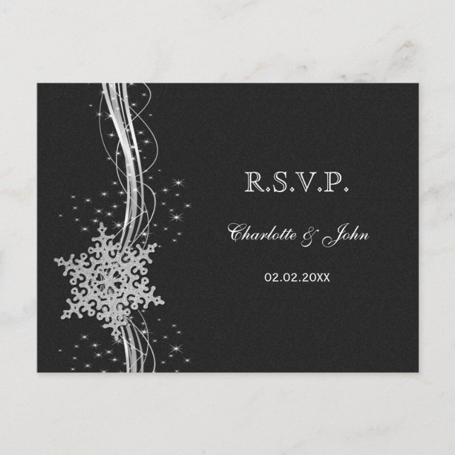 Cartão Postal De Convite casamento no inverno RSVP preto Silver Snowflakes (Frente)