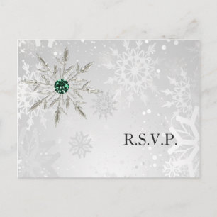 Cartão Postal De Convite Casamento no inverno Silver Emerald Snowflakes rsv