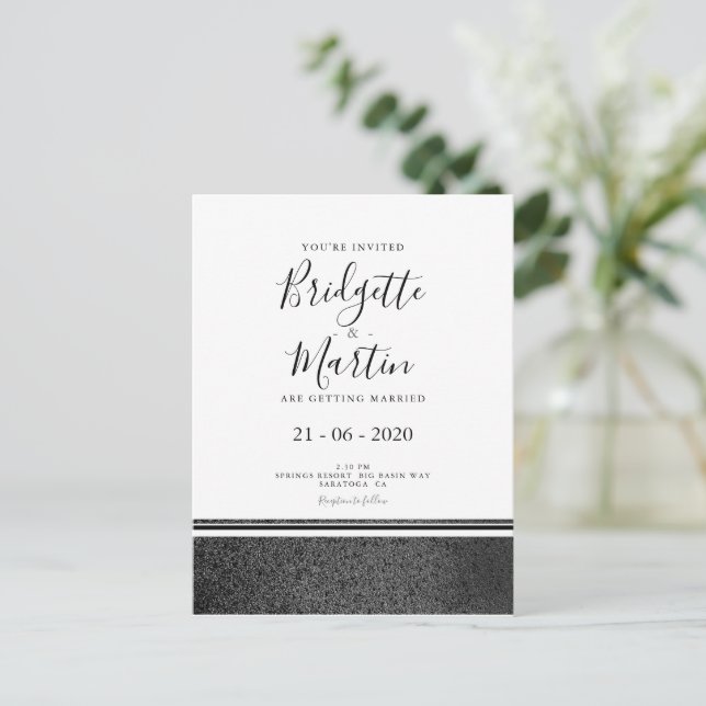 Cartão Postal De Convite Casamento preto e branco simples (Em pé/Frente)