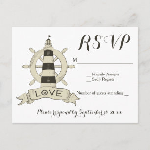 Cartão Postal De Convite Casamento Roda do Farol RSVP Preto Náutico Bege